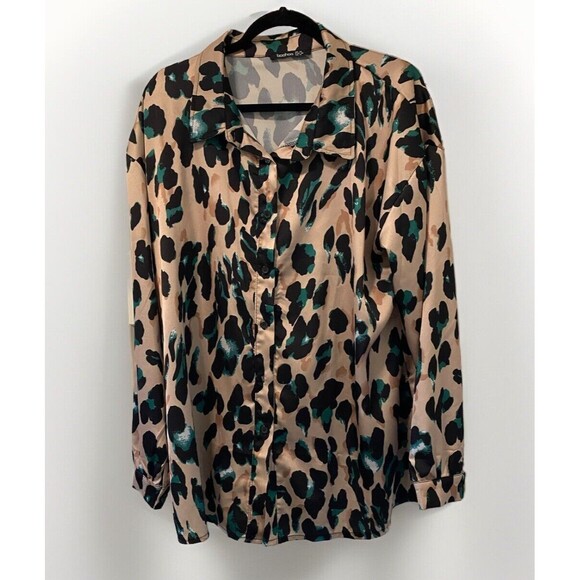 Boohoo Womans Leopard Animal Print Button Down Blouse Size 16 Satin Tan - Picture 1 of 5
